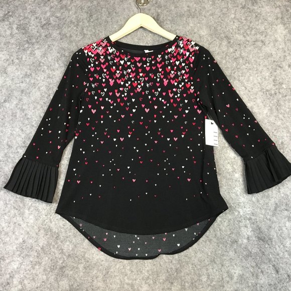 Elle Tops - Elle Top XS Blouse Career Heart Print Crepe Black Accordion Pleat Sleeves Pink